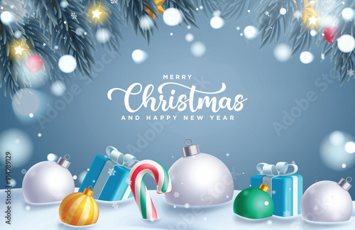Merry christmas greeting vector template design. Christmas and happy new year greeting text in snow winter background with xmas elements decoration. Vector illustration holiday season card design.  
