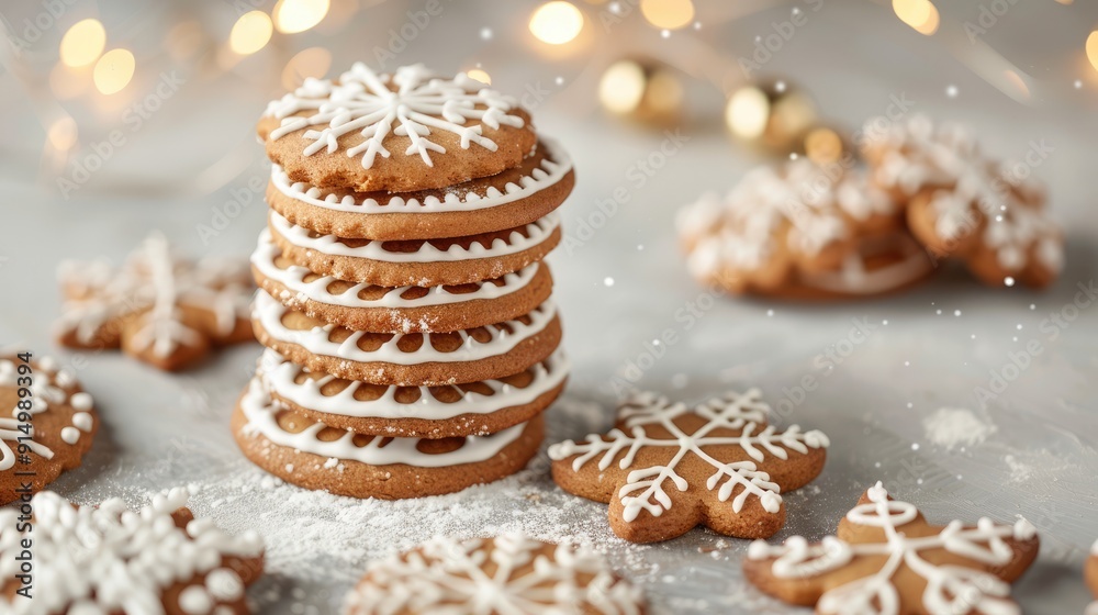 Stacked gingerbread cookies with white icing, gray backdrop with lights, festive food concept, vertical layout, copy space. Stacked gingerbread cookies with white icing, gray backdrop with lights, festive food concept, vertical layout, copy space.
