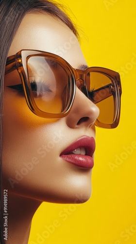 Confident Style Statement: A Close-Up of a Woman in Oversized Amber Sunglasses on a Vivid Yellow Background, Exuding a Bold Fashion Statement for E-commerce Fashion Promotion. photo