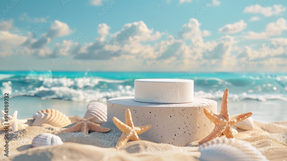 Cosmetic product background at beach with sand and starfish display. Empty packaging showcase on natural stone podium by the sea. Sunny mock-up pedestal for product presentation. Cosmetic product background at beach with sand and starfish display. Empty packaging showcase on natural stone podium by the sea. Sunny mock-up pedestal for product presentation.