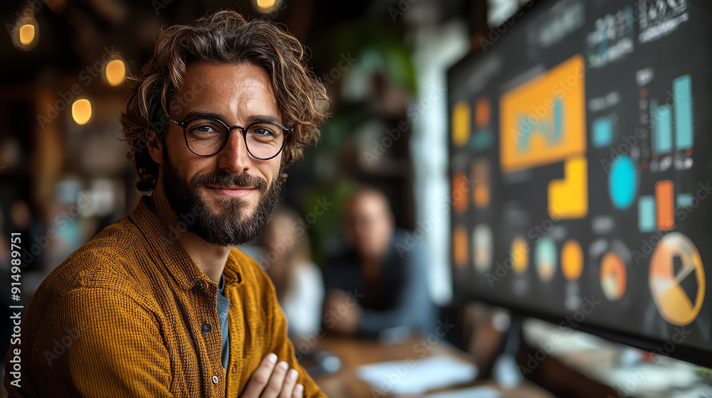 Confident young man in glasses smiles at the camera while working on a data presentation in a modern office environment. Confident young man in glasses smiles at the camera while working on a data presentation in a modern office environment.