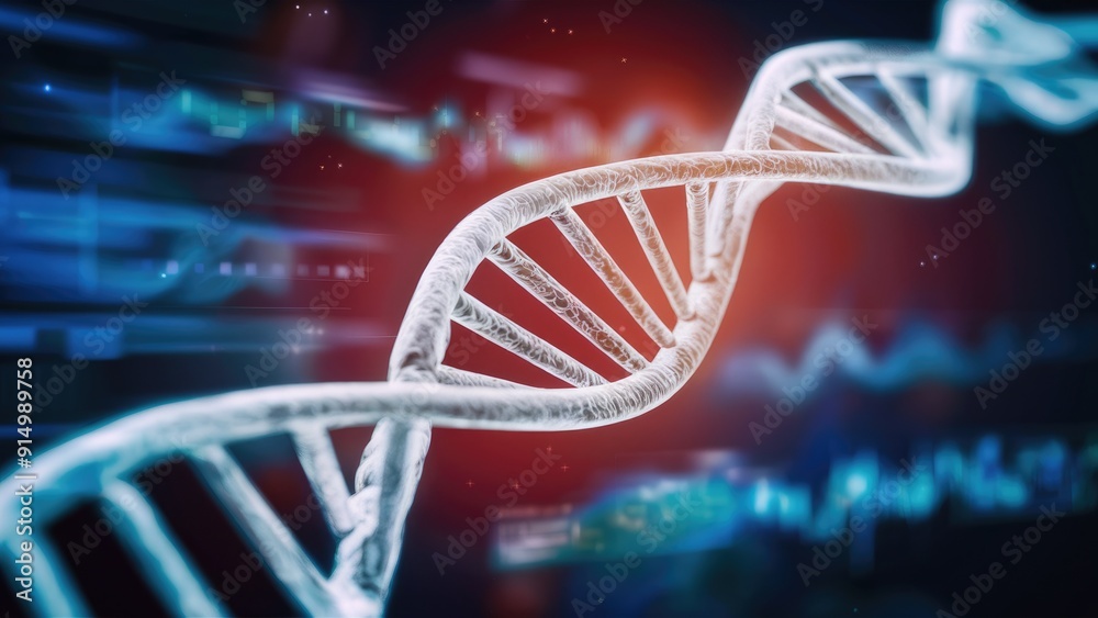 Fototapeta premium Abstract rotating DNA molecule on a futuristic background with blurred data visuals