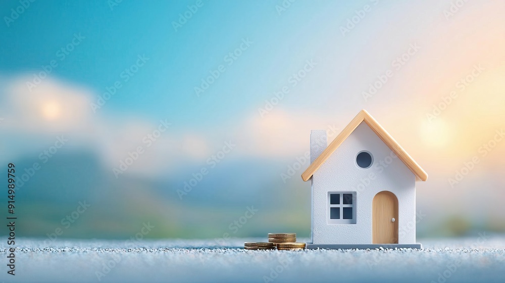 Small white house model with a blurred sky and grass background. Small white house model with a blurred sky and grass background.