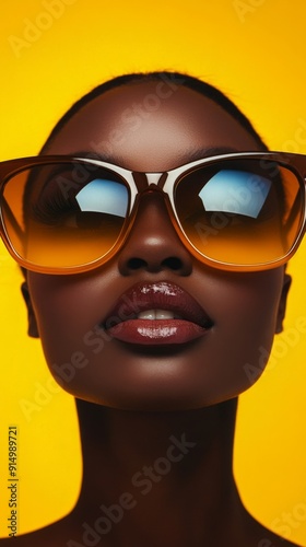 Confident Style Statement: A Close-Up of a Woman in Oversized Amber Sunglasses on a Vivid Yellow Background, Exuding a Bold Fashion Statement for E-commerce Fashion Promotion. photo