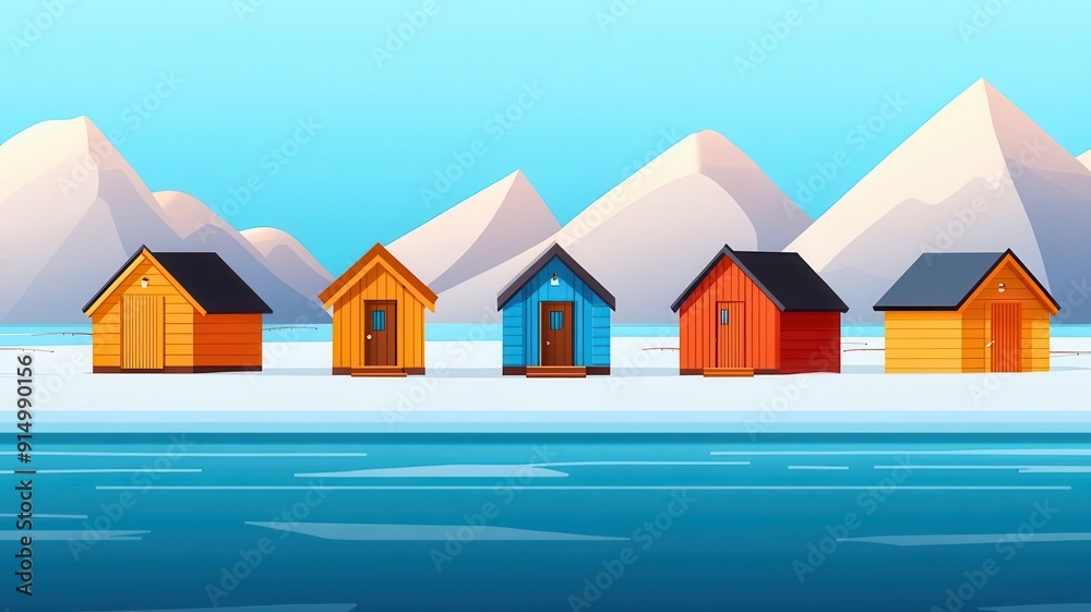 Colorful winter cabins sit by a serene lake, surrounded by majestic mountains under a bright blue sky. Colorful winter cabins sit by a serene lake, surrounded by majestic mountains under a bright blue sky.
