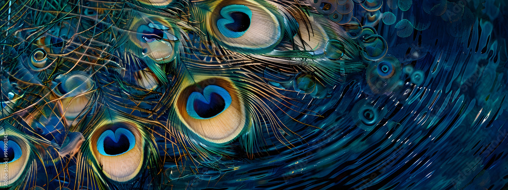 Obraz premium Close-up of peacock feathers reflecting in water.