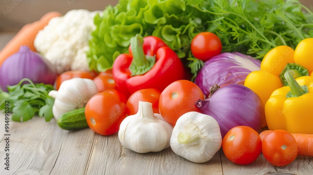 Assortment of fresh vegetables on a wooden surface. Assortment of fresh vegetables on a wooden surface.