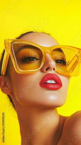 Confident Style Statement: A Close-Up of a Woman in Oversized Amber Sunglasses on a Vivid Yellow Background, Exuding a Bold Fashion Statement for E-commerce Fashion Promotion. photo