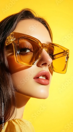 Confident Style Statement: A Close-Up of a Woman in Oversized Amber Sunglasses on a Vivid Yellow Background, Exuding a Bold Fashion Statement for E-commerce Fashion Promotion. photo