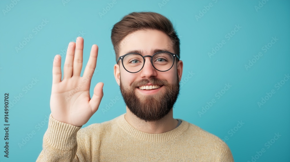 Friendly young man waving with a cheerful smile against a bright blue background. Friendly young man waving with a cheerful smile against a bright blue background.
