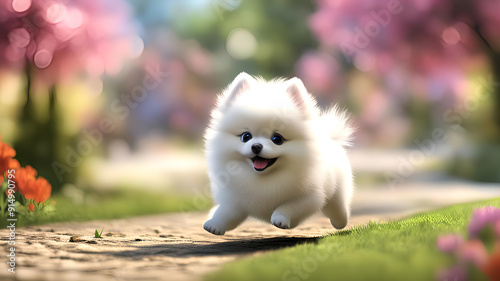 white pomeranian run in the park