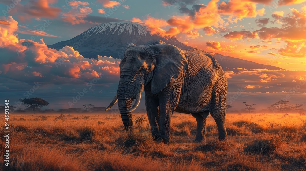 Fototapeta premium Majestic elephant stands in a vibrant savannah landscape at sunset, with a backdrop of a towering mountain and colorful clouds.
