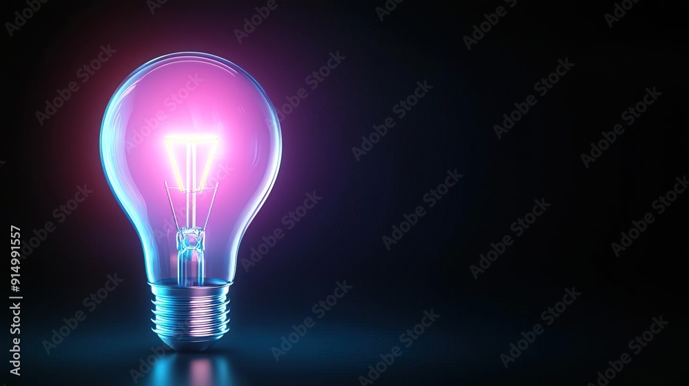 Light bulb glowing with pink and purple light on a gradient background. Light bulb glowing with pink and purple light on a gradient background.