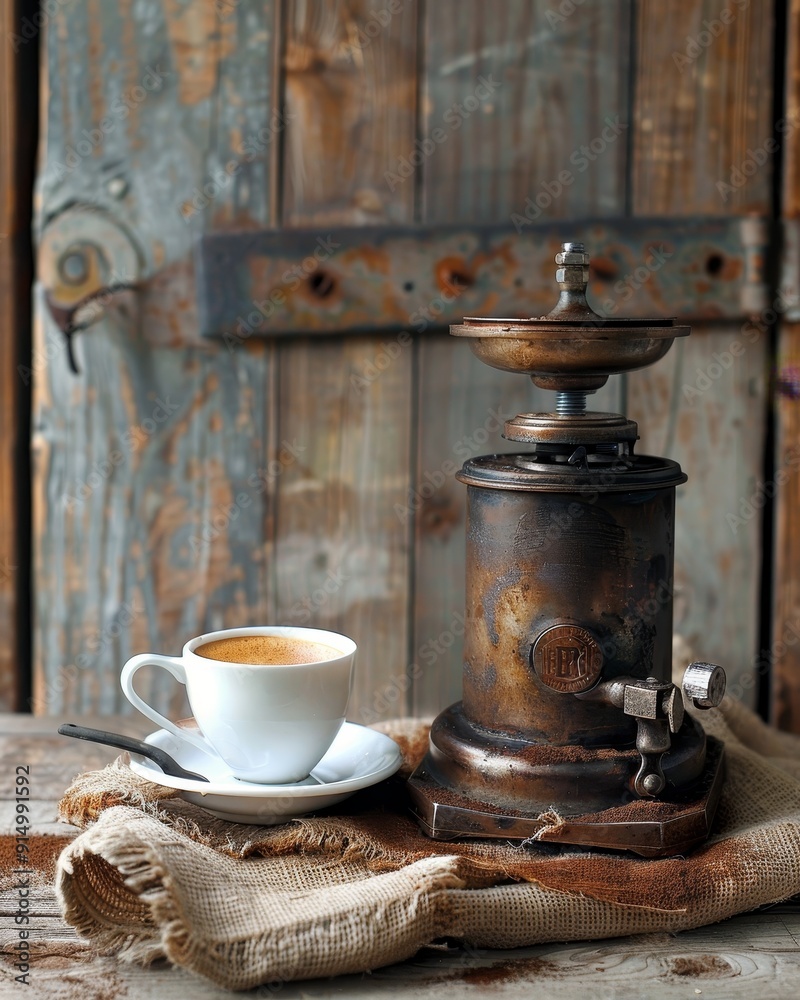 Rustic coffee grinder beside a steaming cup on a textured surface against a vintage wooden backdrop, creating a cozy ambiance. Rustic coffee grinder beside a steaming cup on a textured surface against a vintage wooden backdrop, creating a cozy ambiance.