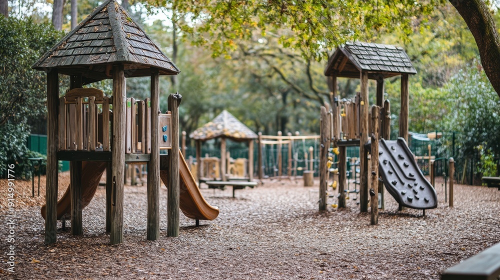 Serene Wooden Playground Structure in Lush Park Setting Serene Wooden Playground Structure in Lush Park Setting