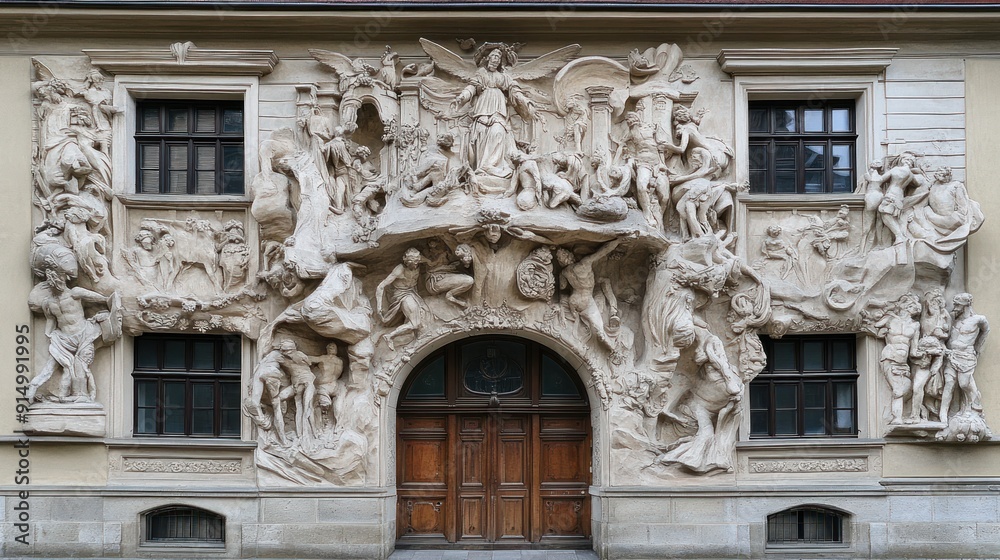 Intricate Stone Reliefs on a Building Facade Intricate Stone Reliefs on a Building Facade