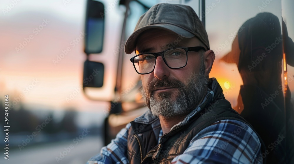 Mature Truck Driver at Sunset Reflecting on the Day Mature Truck Driver at Sunset Reflecting on the Day