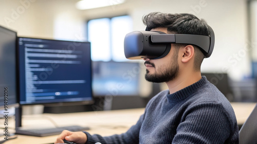 Naklejka Man wearing augmented reality headset working on computer in office.