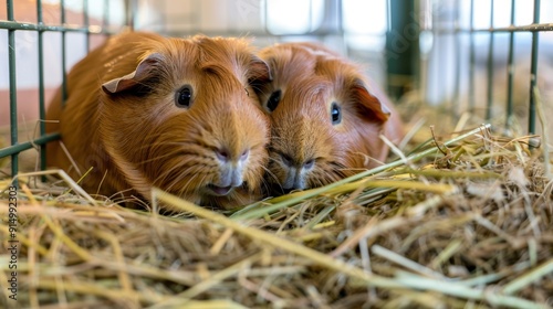 Two Guinea Pigs Resting On Hay Inside Cage 