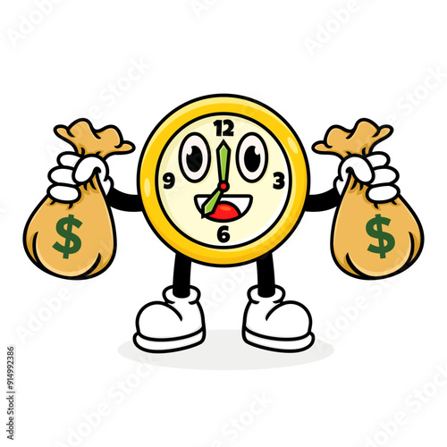  cute clock cartoon carrying two bags of money, style vector illustration.