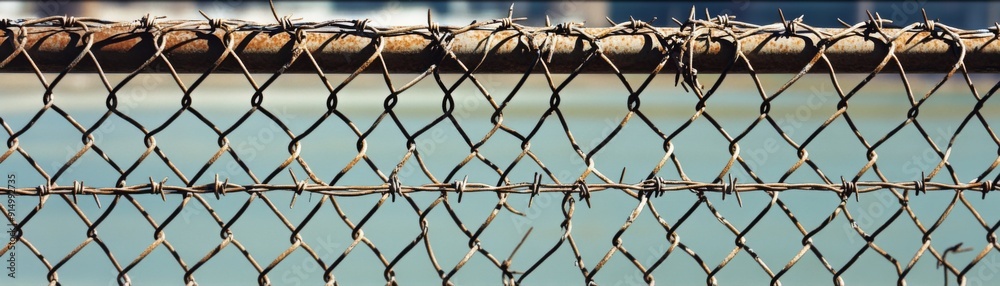 Detailed View of Barbed Wire on a Border Fence Symbolizing Security and Restriction for Content on Safety, Boundaries, and Protective Measures Detailed View of Barbed Wire on a Border Fence Symbolizing Security and Restriction for Content on Safety, Boundaries, and Protective Measures