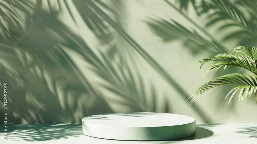 Green Product Display with Palm Leaf Shadows Green Product Display with Palm Leaf Shadows