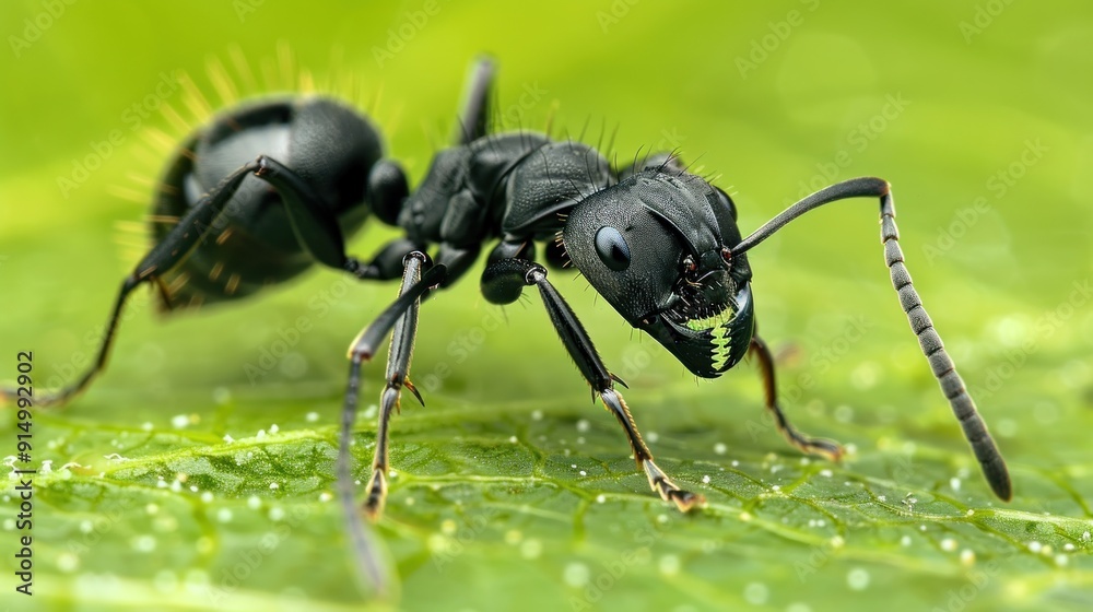 Black Ant with Green Leaf in Foreground