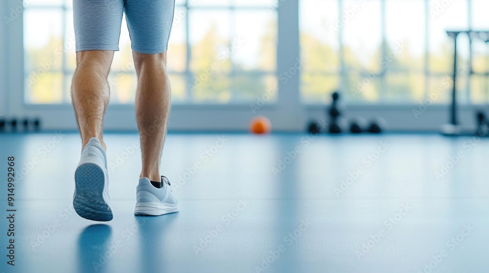 Close-up of a man's feet walking on a dumbbell in a gym. Close-up of a man's feet walking on a dumbbell in a gym.