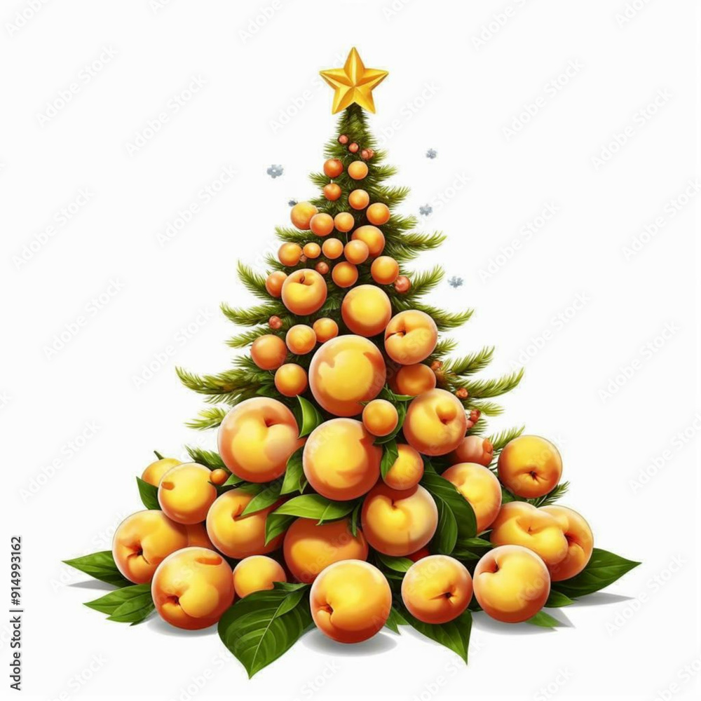 Christmas tree made of apricots with green leaves and golden star Christmas tree made of apricots with green leaves and golden star