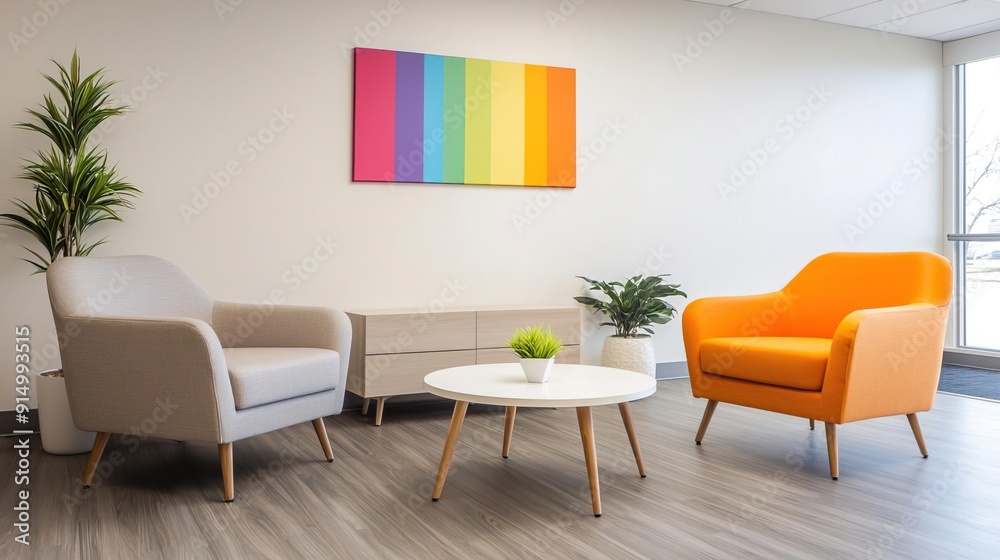 Fototapeta premium Image of an office reception area with colorful artwork and furniture