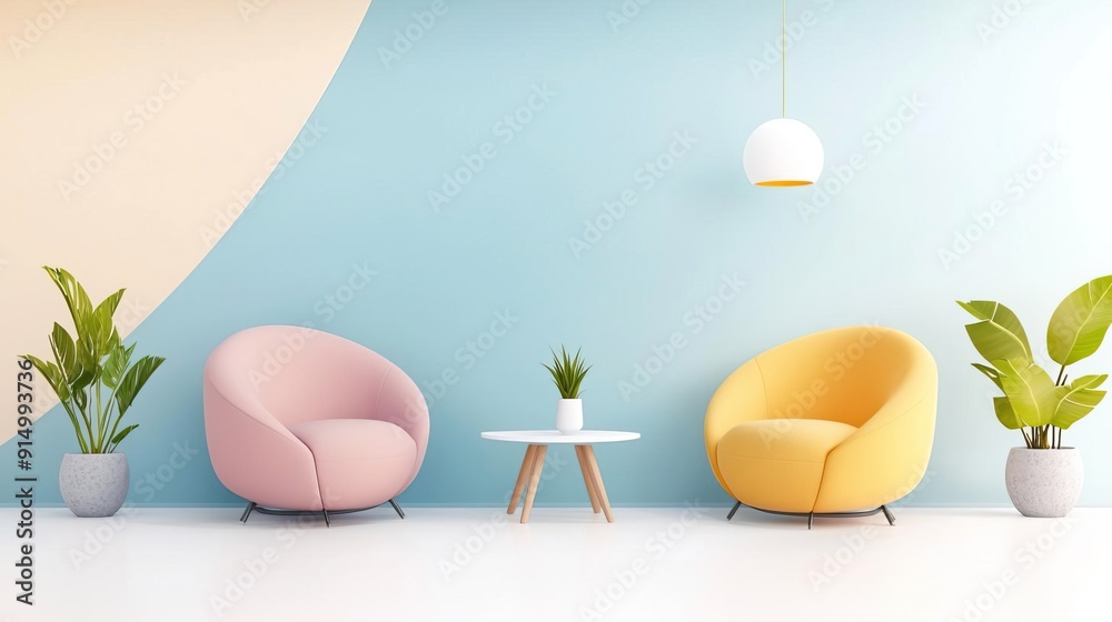Illustration of a vibrant office space filled with colorful furniture and decor Illustration of a vibrant office space filled with colorful furniture and decor