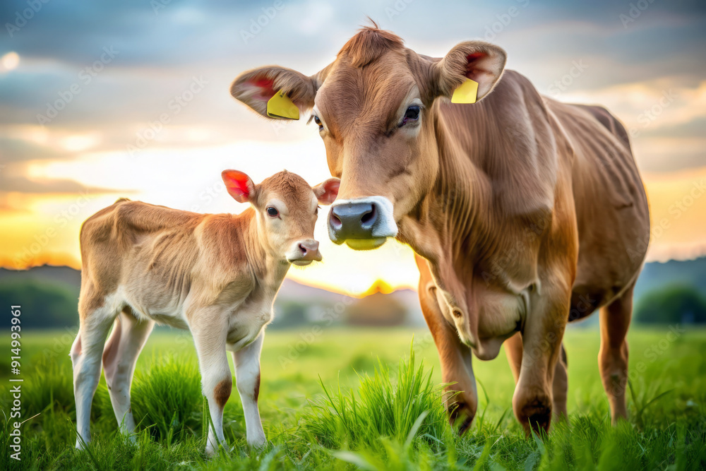 Cow and Calf in Green Pasture at Sunset. Cow and Calf in Green Pasture at Sunset.