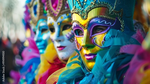 Exquisite Carnival Masks in Vivid Colors during Festive Parade