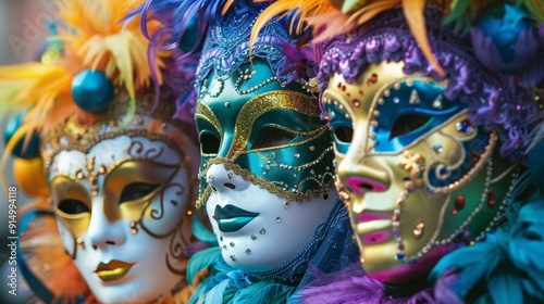 Ornate Carnival Masks Adorned with Feathers and Glitter in a Festive Parade