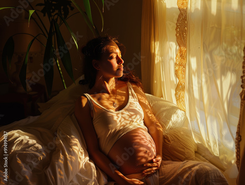 Pregnant Woman Embracing Morning Sunlight in a Tranquil Bedroom