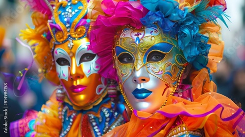 Extravagant Carnival Masks in Bright, Colorful Costumes at Festive Parade