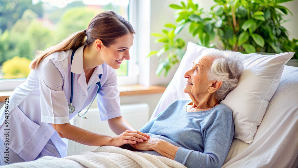 Obraz premium Nurse Caring for Elderly Patient in Hospital Bed.
