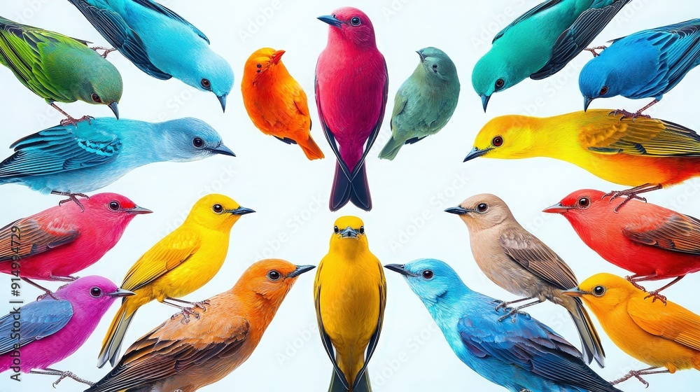 A vibrant display of colorful birds in various hues, showcasing nature's beauty and diversity in an artistic arrangement. A vibrant display of colorful birds in various hues, showcasing nature's beauty and diversity in an artistic arrangement.