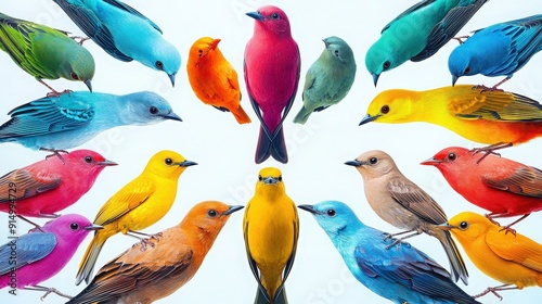 A vibrant display of colorful birds in various hues, showcasing nature's beauty and diversity in an artistic arrangement.