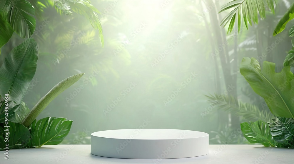 White podium in a lush green jungle setting. Perfect for product display. White podium in a lush green jungle setting. Perfect for product display.