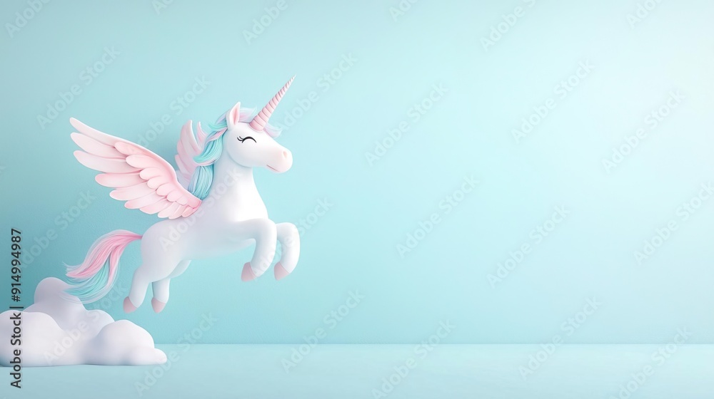 Obraz premium White unicorn with wings flying in a pastel sky.