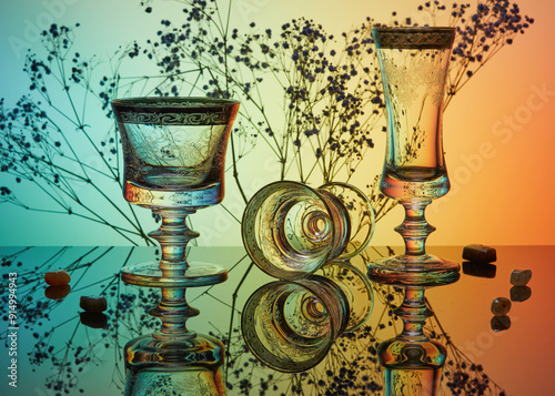 Retro crystal glasses on nice background with flowers branch