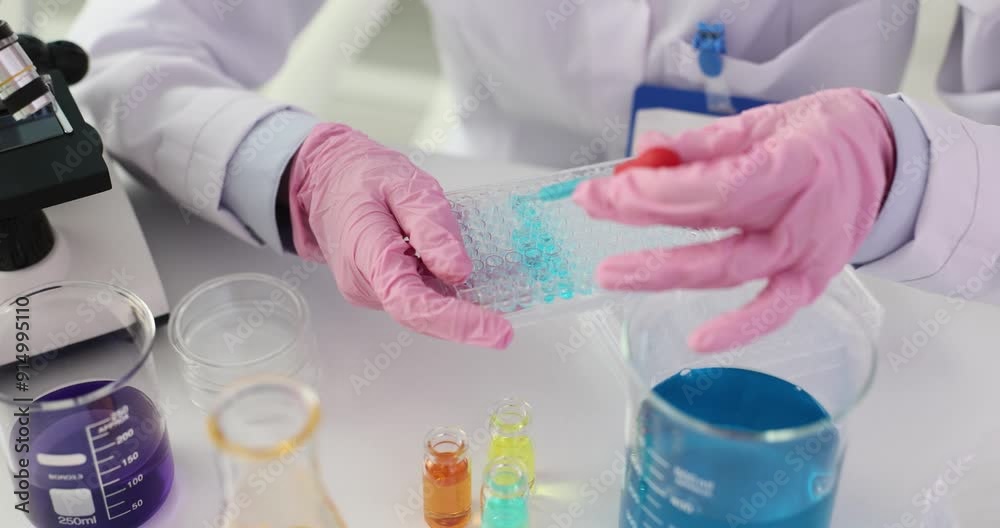 Woman scientist uses pipette to transfer liquid in special container. Female researcher prepares for detailed observation under microscope Woman scientist uses pipette to transfer liquid in special container. Female researcher prepares for detailed observation under microscope