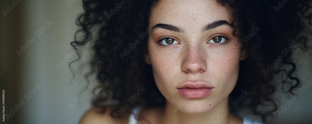 Portrait of young woman with freckles and curly hair looking directly at the camera Portrait of young woman with freckles and curly hair looking directly at the camera