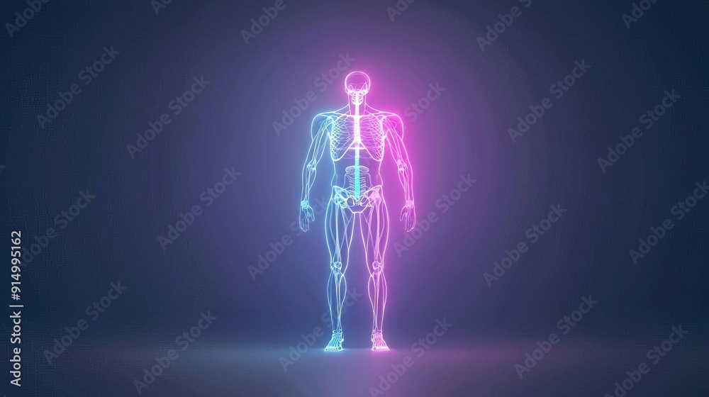 Abstract neon human figure, glowing skeleton and muscles, blue and pink light, dark background. Abstract neon human figure, glowing skeleton and muscles, blue and pink light, dark background.