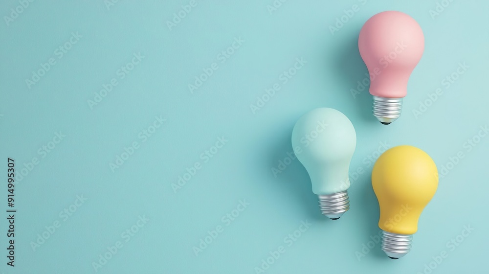Colorful light bulbs against a blue background, representing new ideas and inspiration. Colorful light bulbs against a blue background, representing new ideas and inspiration.