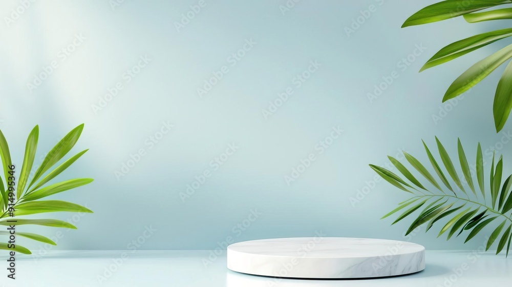 Minimalist product display with white podium and tropical leaves on blue background.