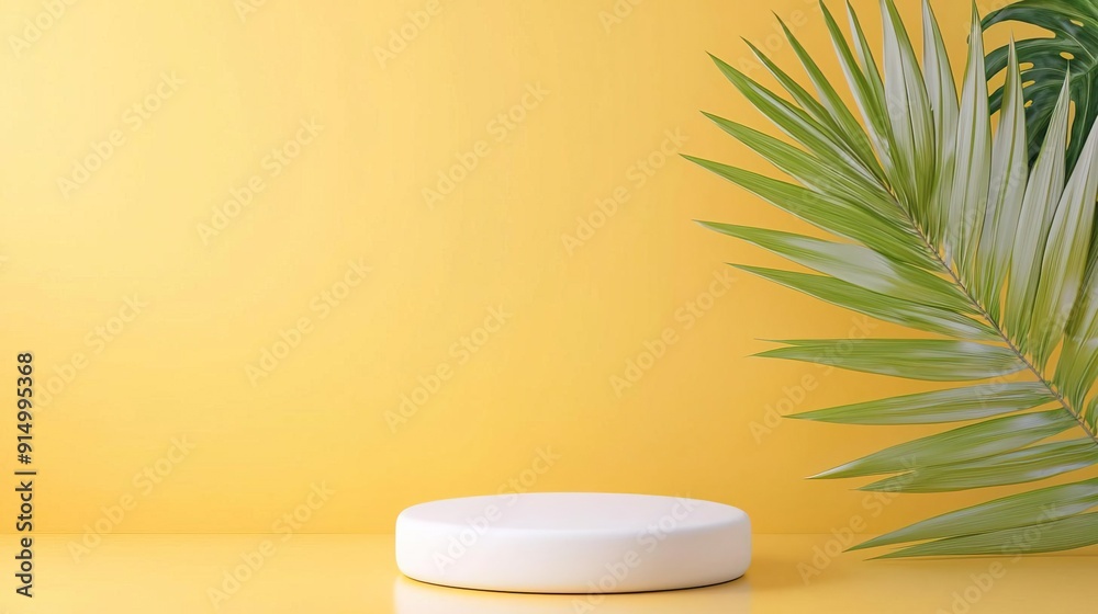 Minimalist podium with palm leaf on yellow background for product display. Minimalist podium with palm leaf on yellow background for product display.