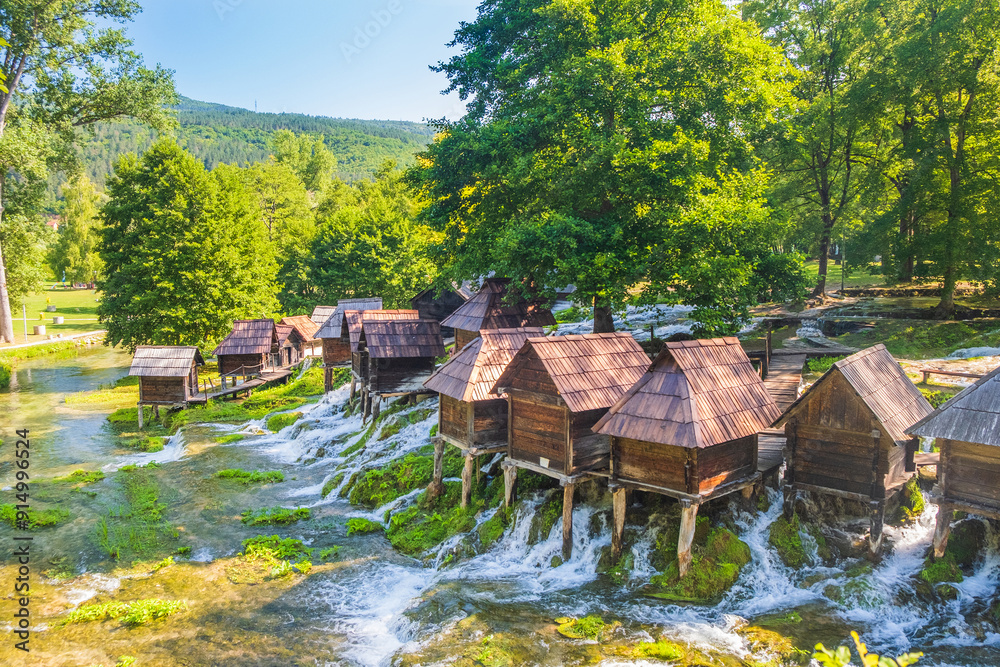 Old wooden mills Mlincici near Jajce on Plivsko Lake, Bosnia and Herzegovina