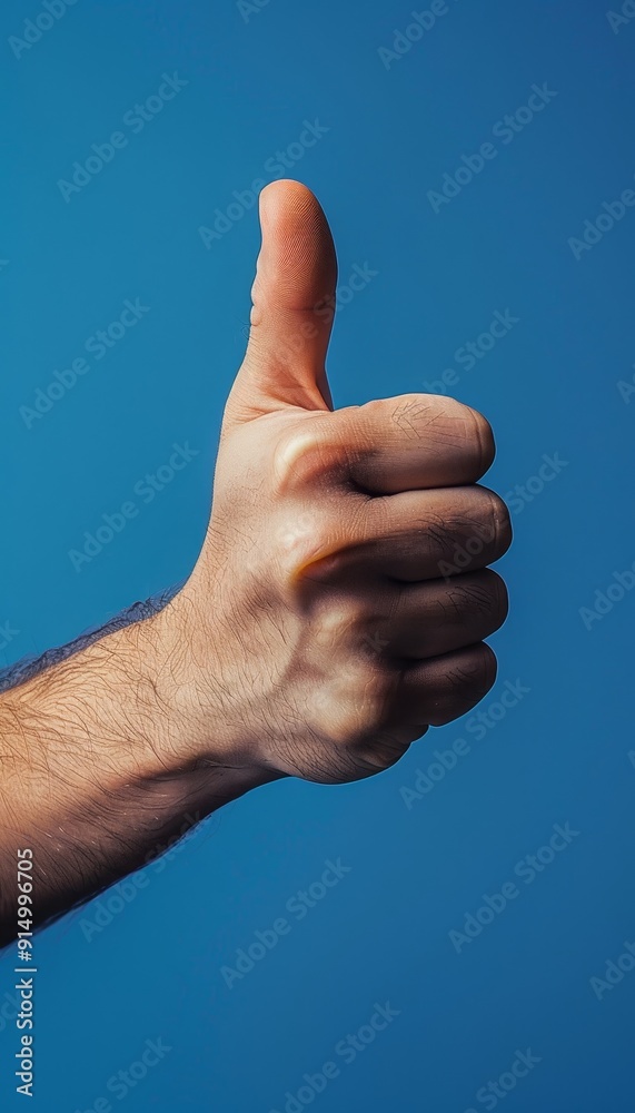 Realistic photo of a hand displaying thumbs up gesture on a plain blue background Realistic photo of a hand displaying thumbs up gesture on a plain blue background